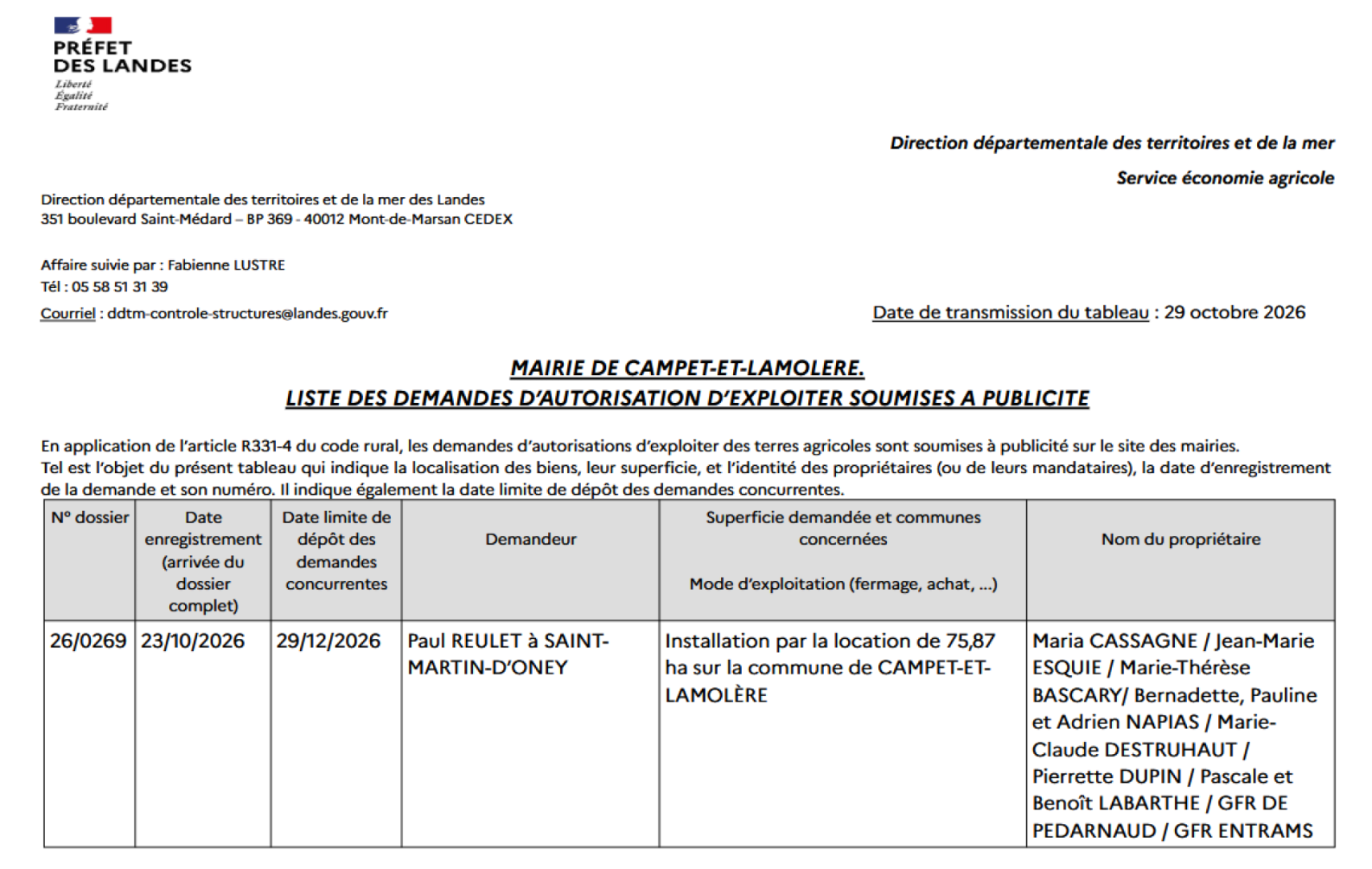 Liste des demandes d'autorisations d'exploiter des terres agricoles